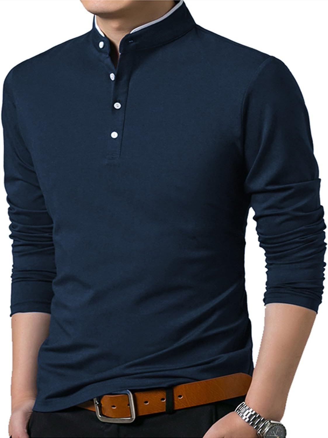 KUYIGO Men Casual Long Sleeve Polo Shirts Mandarin Collared Slim Fit Fashion Cotton Tops - Image 5