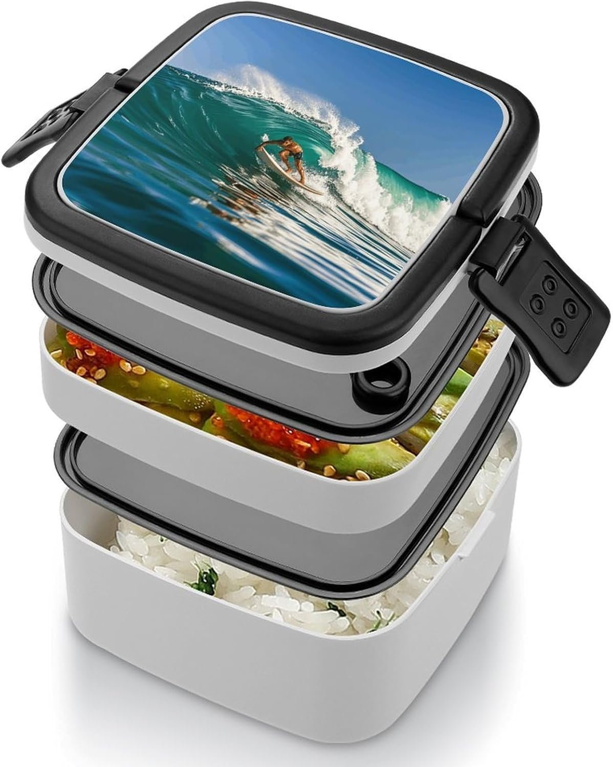 Hawaiian Surfer on Wavy Bento Box with Spoon, 2-layer Stackable Lunch Box Leak Proof with Invisible Handle, Insulated Food Storage for Office, Picnic & Travel - Image 5