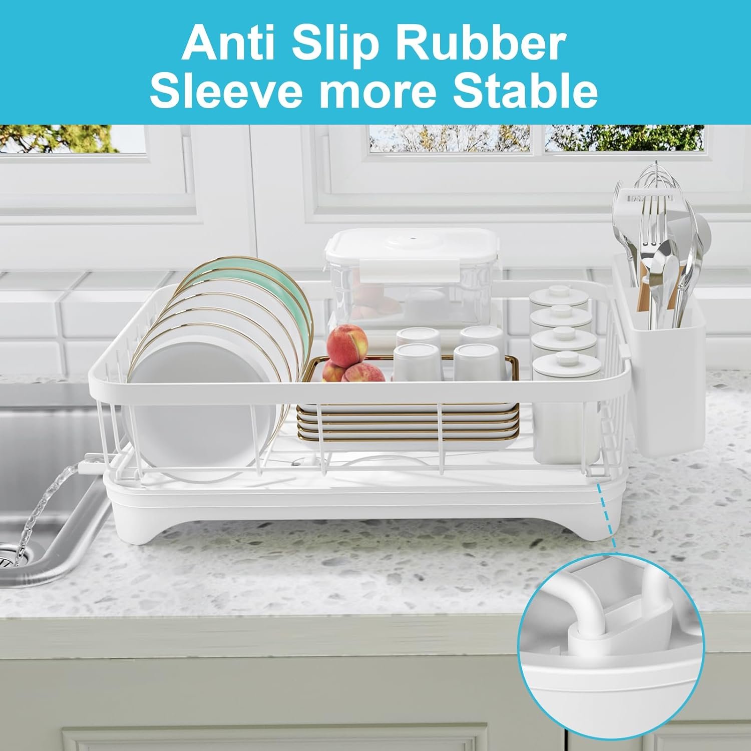 Dish Drying Rack - Space Saving Dish Rack with Drainboard,Single Layer with Utensil Holder - Large Capacity Countertop Organizer for Bowls, Cups, Dish Drainer White - Image 9