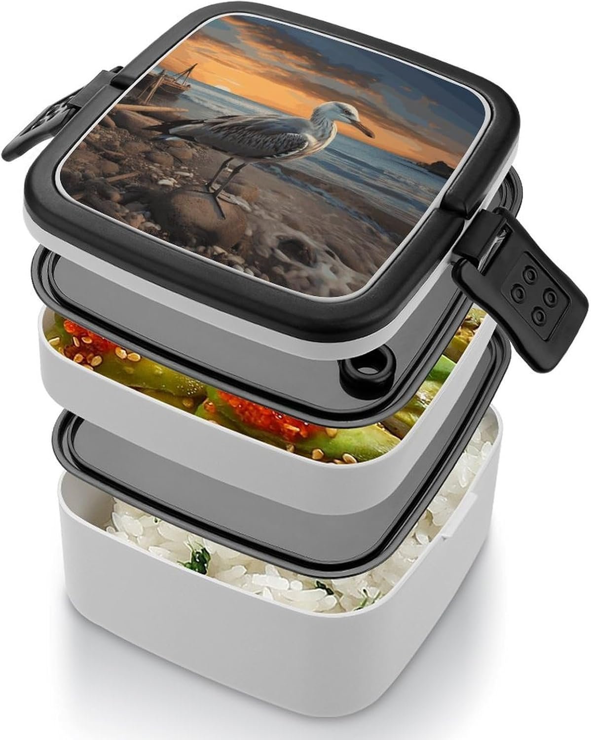 Seagull Bento Box with Spoon, 2-layer Stackable Lunch Box Leak Proof with Invisible Handle, Insulated Food Storage for Office, Picnic & Travel - Image 5