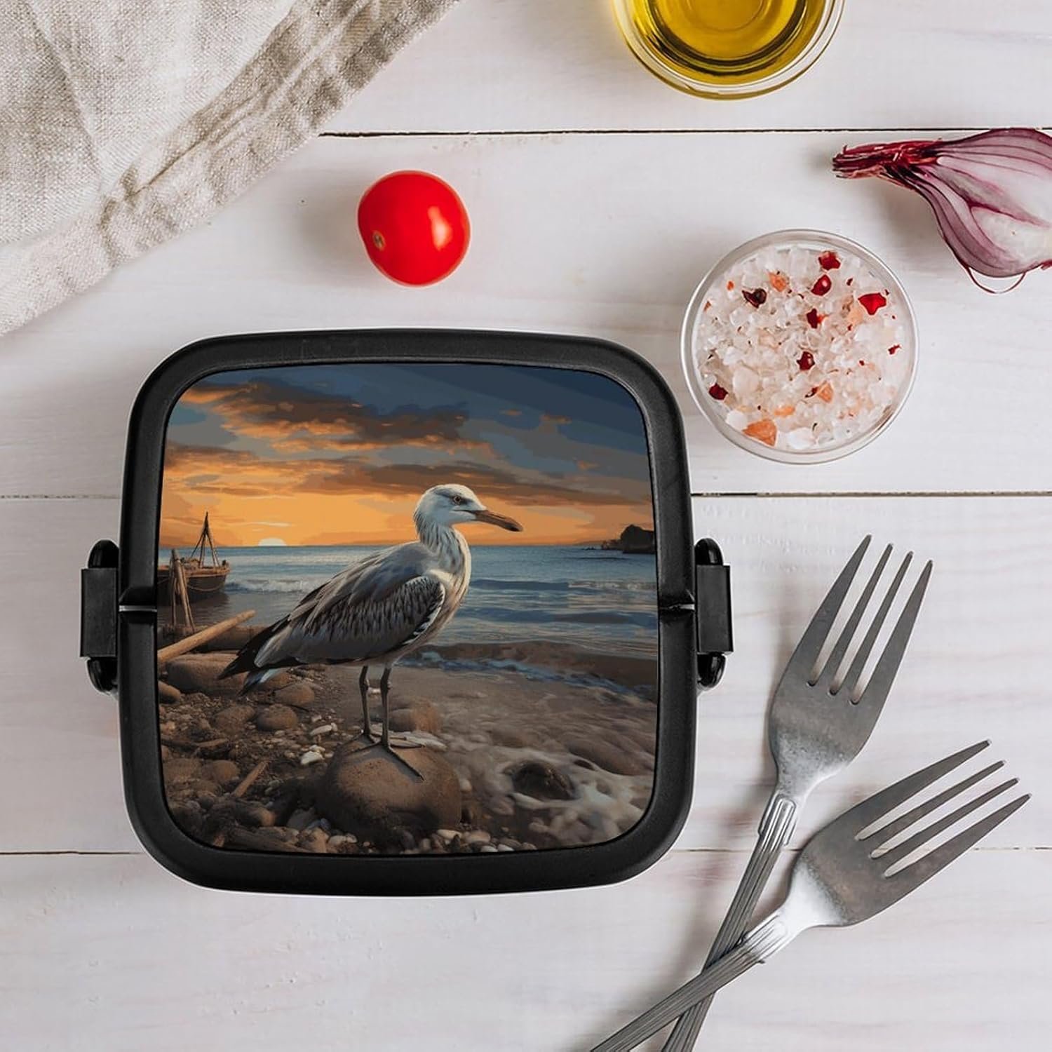 Seagull Bento Box with Spoon, 2-layer Stackable Lunch Box Leak Proof with Invisible Handle, Insulated Food Storage for Office, Picnic & Travel - Image 9