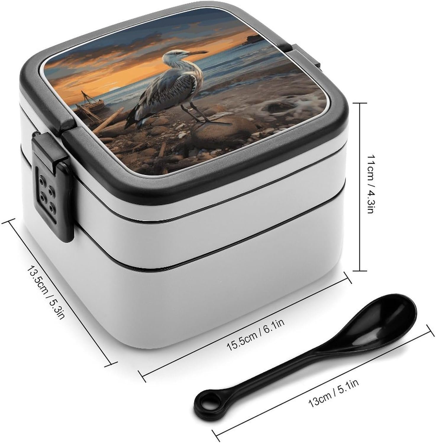 Seagull Bento Box with Spoon, 2-layer Stackable Lunch Box Leak Proof with Invisible Handle, Insulated Food Storage for Office, Picnic & Travel - Image 3