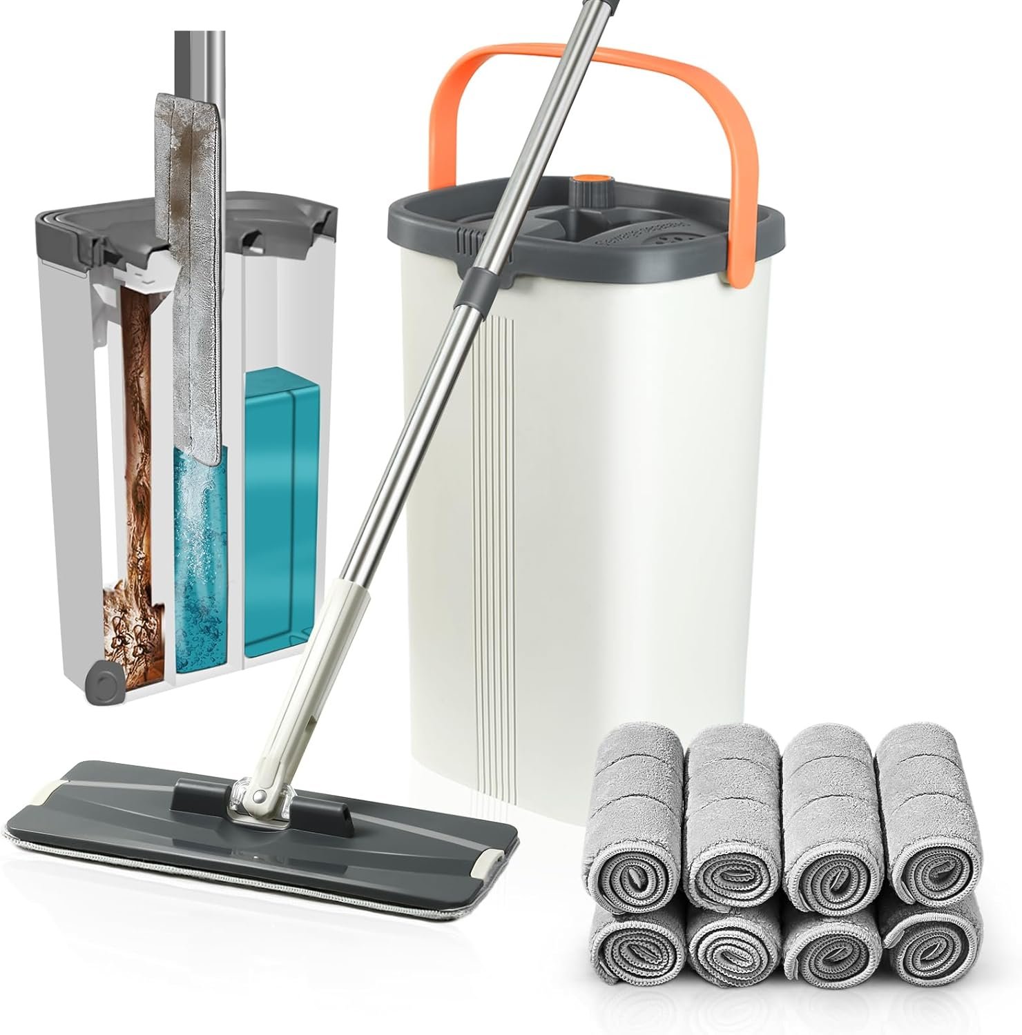 Jelymark Flat Mop and Bucket with Wringer Set, Separates Dirty and Clean Water, 3-Chamber Mop Wet and Dry Use, Not-Hands Squeeze Mops for Floor Cleaning, 8 Reusable Microfiber Mop Pads Included - Image 2