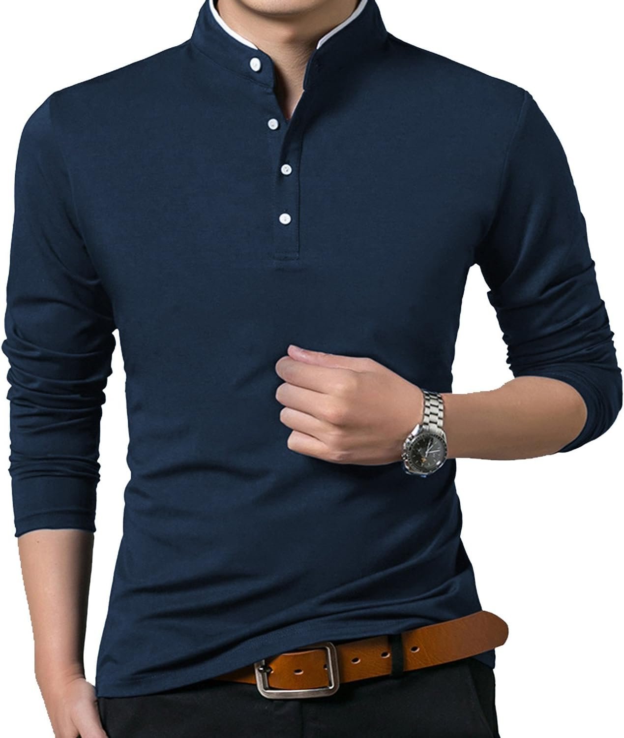 KUYIGO Men Casual Long Sleeve Polo Shirts Mandarin Collared Slim Fit Fashion Cotton Tops - Image 3