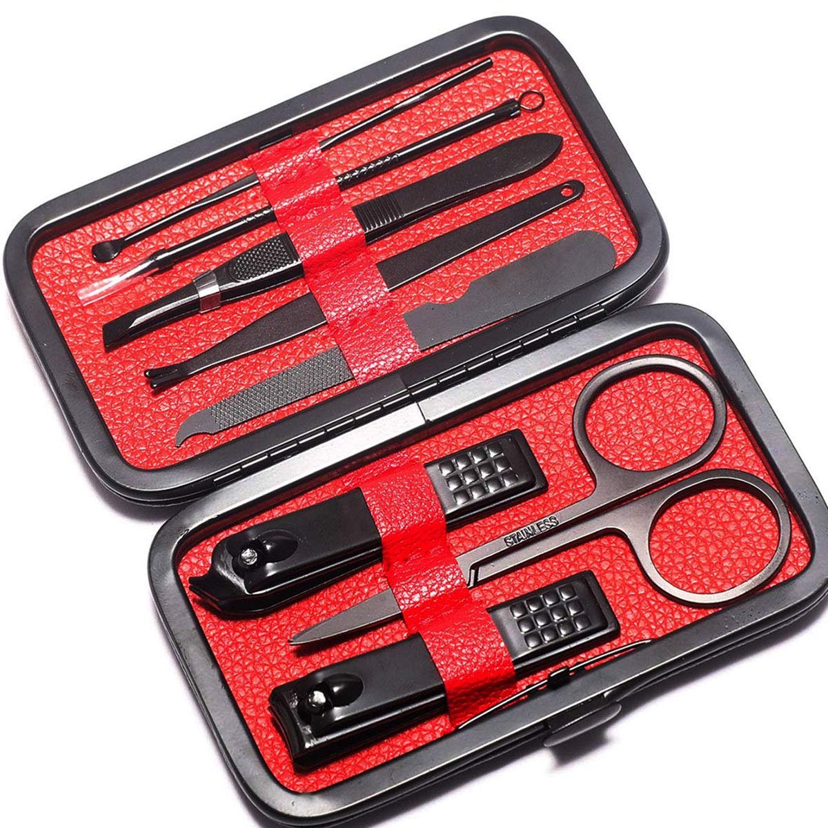 Manicure Kit Nail Clippers Set Stainless Steel Professional Pedicure Black 8 in 1 Grooming Nail Scissors Cutter Ear Pick Tweezers Scissors Eyebrow Nail file ... for Man&Women gift (black/red_8in1) - Image 9