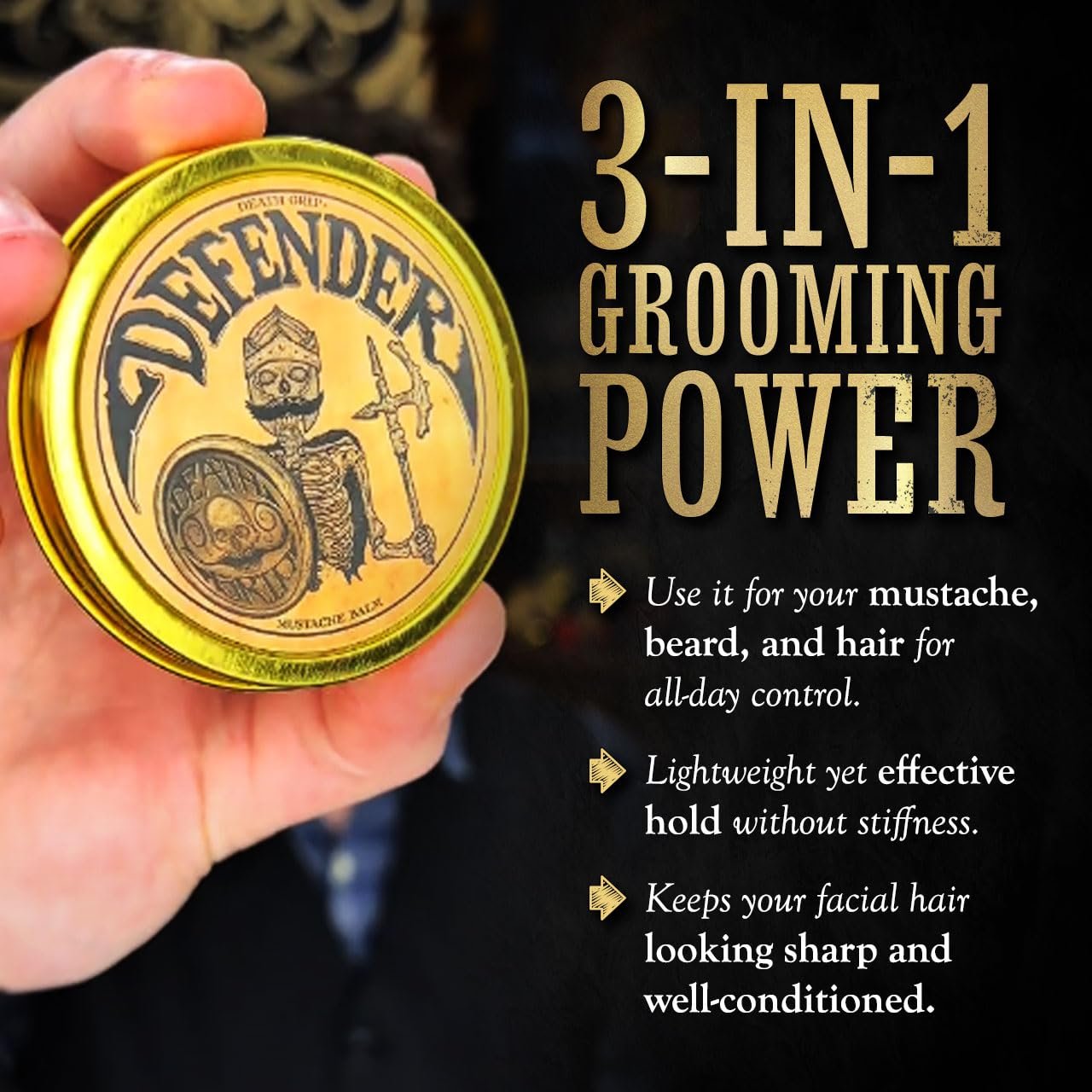 Mustache Balm for Men – Light to Medium Hold Beard & Moustache Wax – Natural Styling & Conditioning Grooming Kit – Soften & Shape Facial Hair 2oz – Death Grip - Image 4