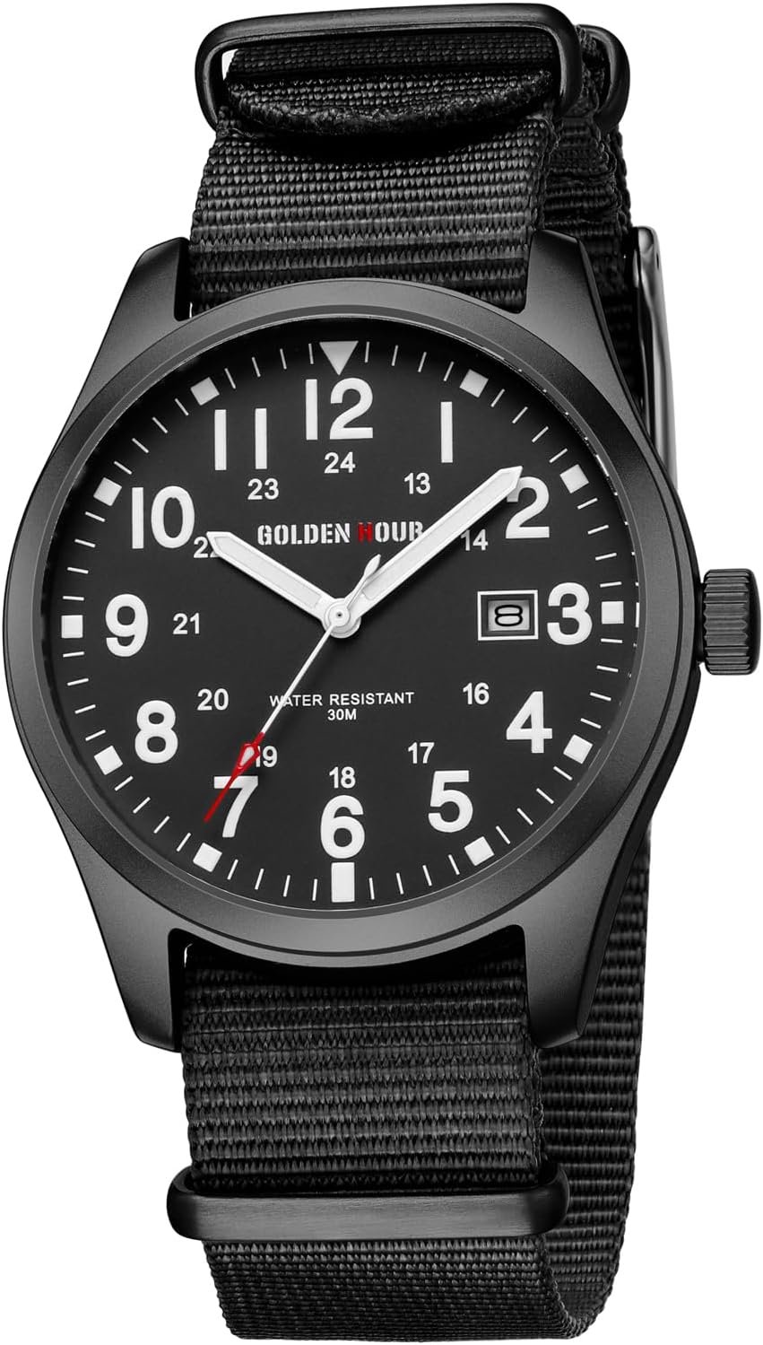 GOLDEN HOUR Men's Nylon Slip-Thru Strap Watch with Military Time Easy Read Dial Glowing Hands - Image 2