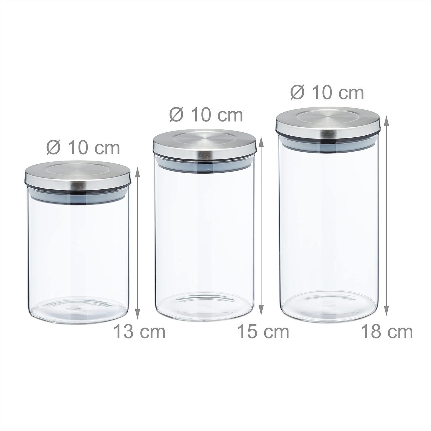 Storage Jars in Set of 6, in 3 Sizes, Stainless Steel Airtight Lids, Store Dry Food, Glass, Transparent/Silver, 18 x 10 cm - Image 5