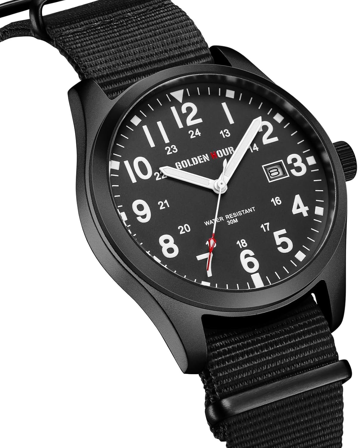 GOLDEN HOUR Men's Nylon Slip-Thru Strap Watch with Military Time Easy Read Dial Glowing Hands - Image 3