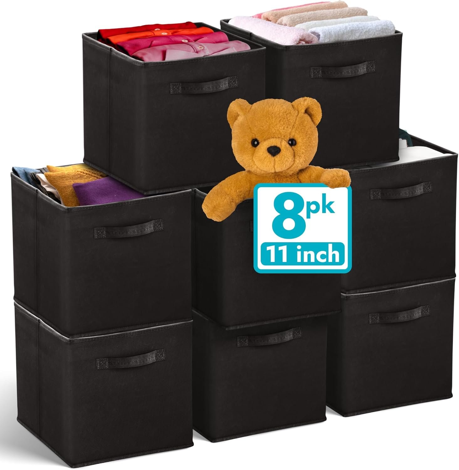 Reli. 11 Inch Cube Storage Bins (8 Pack) | Cube Organizer Bins | 11x11 Fabric Storage Boxes | Collapsible, Foldable Fabric Cubby Box (Square) | Kids Room Organization (Black) - Image 2