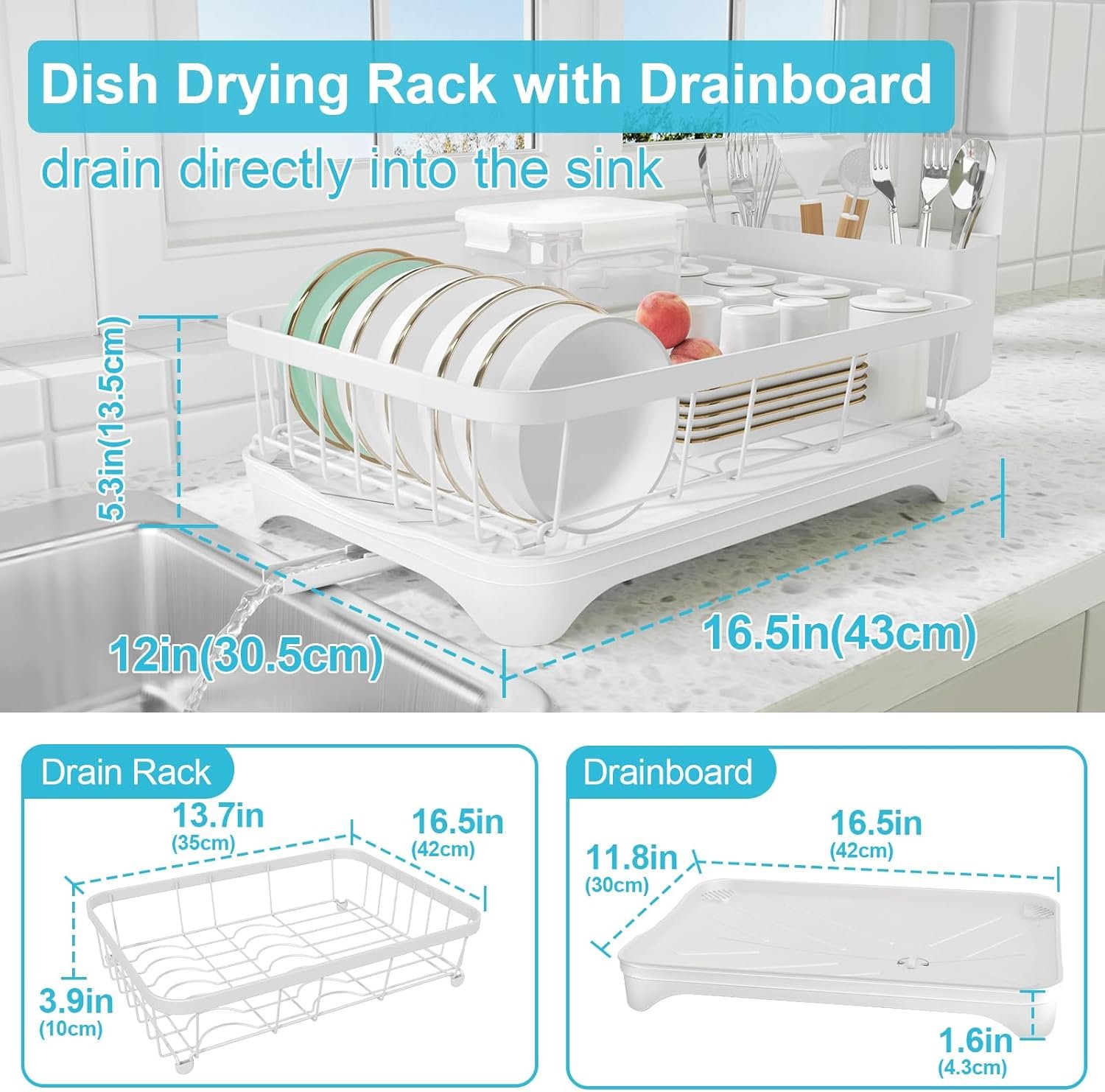 Dish Drying Rack - Space Saving Dish Rack with Drainboard,Single Layer with Utensil Holder - Large Capacity Countertop Organizer for Bowls, Cups, Dish Drainer White - Image 4