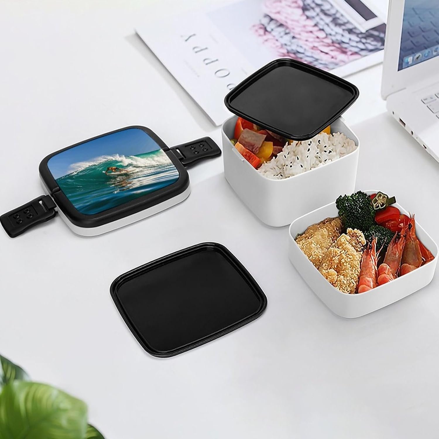 Hawaiian Surfer on Wavy Bento Box with Spoon, 2-layer Stackable Lunch Box Leak Proof with Invisible Handle, Insulated Food Storage for Office, Picnic & Travel - Image 8