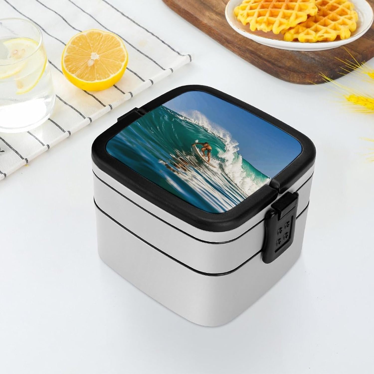 Hawaiian Surfer on Wavy Bento Box with Spoon, 2-layer Stackable Lunch Box Leak Proof with Invisible Handle, Insulated Food Storage for Office, Picnic & Travel - Image 7