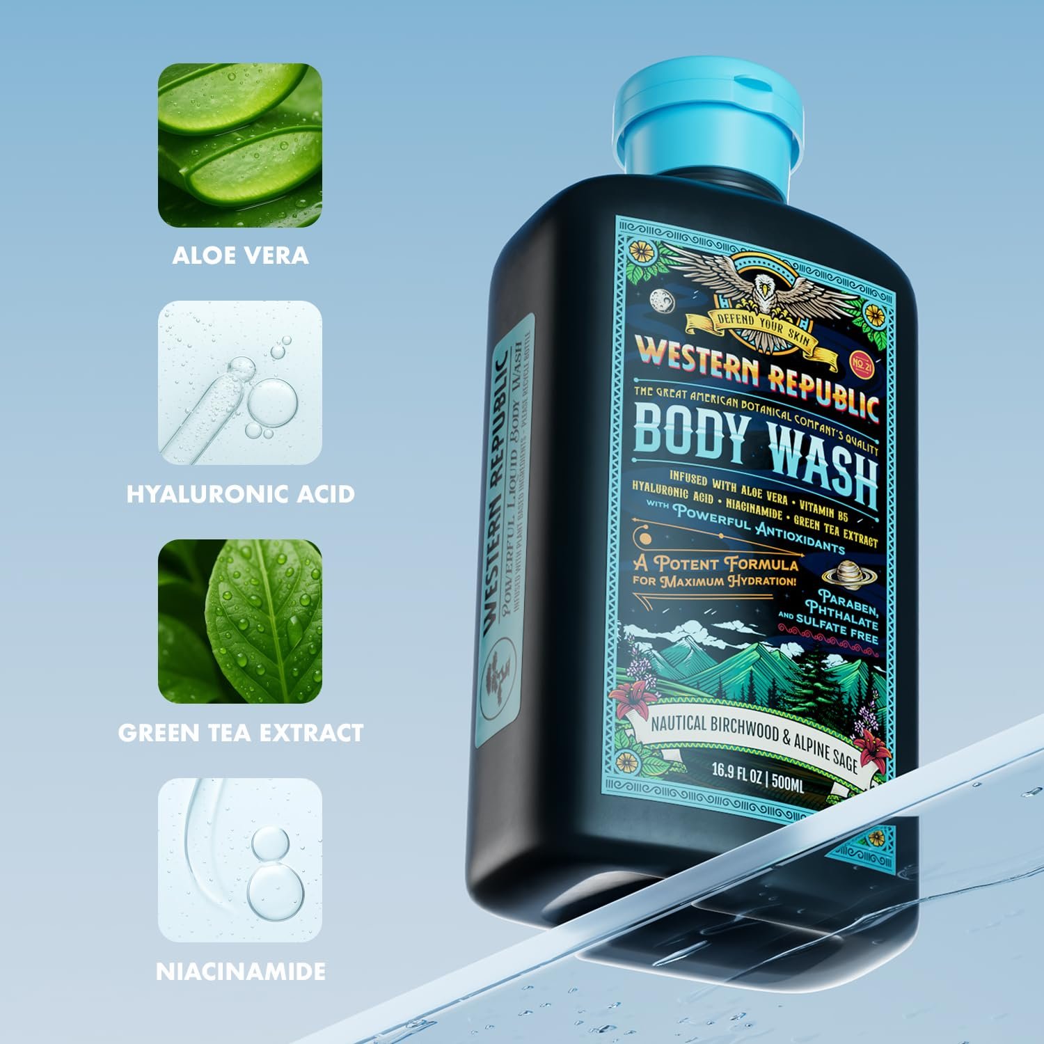 Men's Body Wash | Nautical Birchwood & Alpine Sage Scent and | Hydrating & Anti-Aging Formula with Aloe, Niacinamide & Hyaluronic Acid (2 Pack) | Made in USA - Image 7