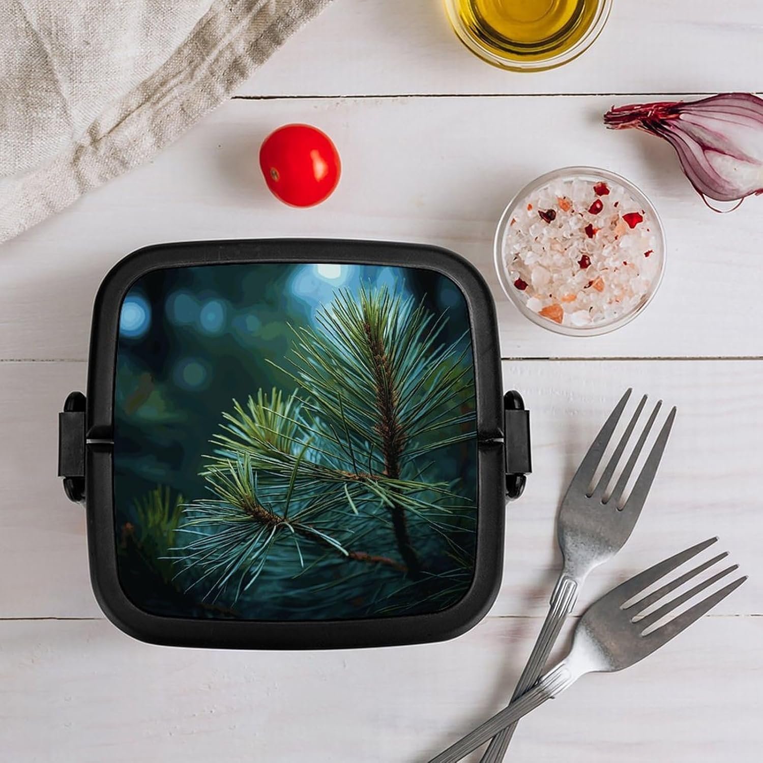 Pine Tree Green Needles Bento Box with Spoon, 2-layer Stackable Lunch Box Leak Proof with Invisible Handle, Insulated Food Storage for Office, Picnic & Travel - Image 9