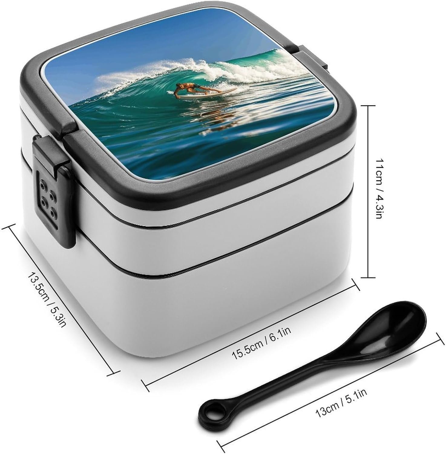 Hawaiian Surfer on Wavy Bento Box with Spoon, 2-layer Stackable Lunch Box Leak Proof with Invisible Handle, Insulated Food Storage for Office, Picnic & Travel - Image 3