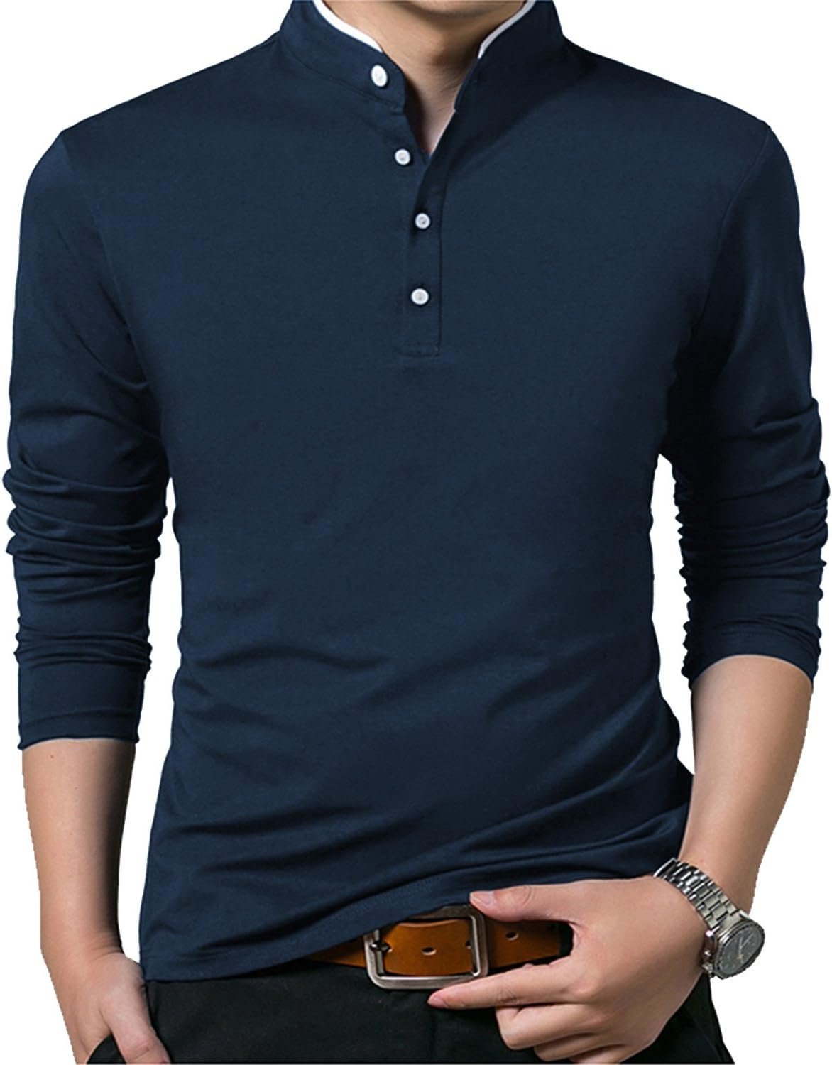KUYIGO Men Casual Long Sleeve Polo Shirts Mandarin Collared Slim Fit Fashion Cotton Tops - Image 2