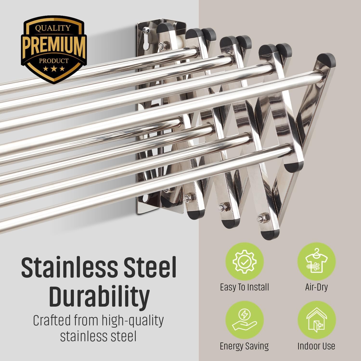 Smartsome | Wall Mounted | Clothes Drying Rack | 34" Wide | 22.5 Linear Feet Capacity | 8 Smooth Round Stainless Steel Rods | 60 lb Capacity | Fully Assembled | Compact Sturdy Space-Saving Design - Image 5