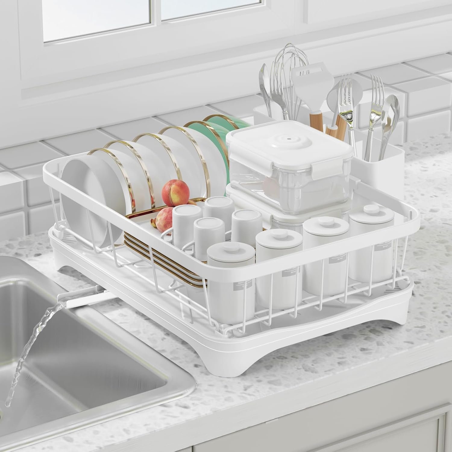 Dish Drying Rack - Space Saving Dish Rack with Drainboard,Single Layer with Utensil Holder - Large Capacity Countertop Organizer for Bowls, Cups, Dish Drainer White - Image 2