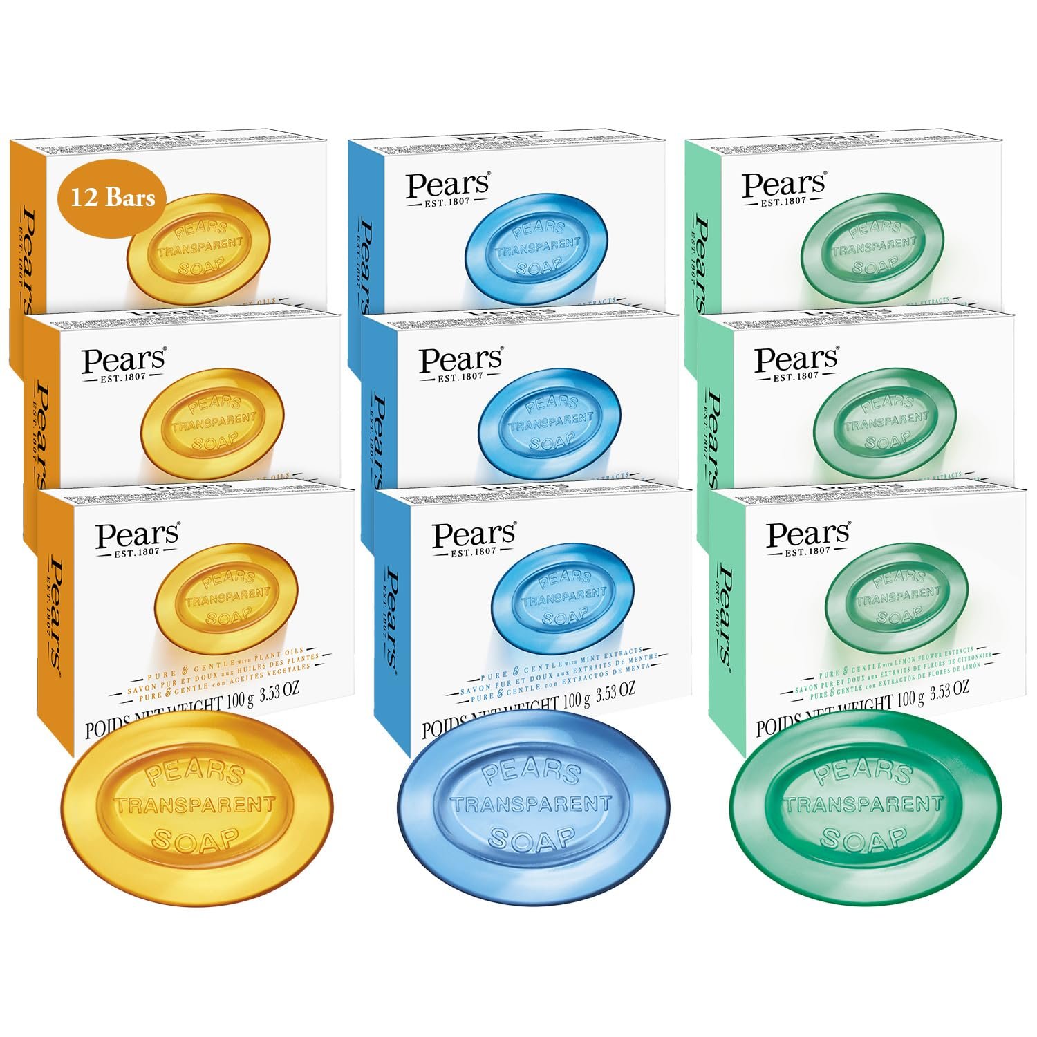 Pears Glycerin Soap Variety 12-Pack – Transparent Amber, Blue & Green Bars for Soft, Glowing Skin, 3.53 Oz Ea - Image 2