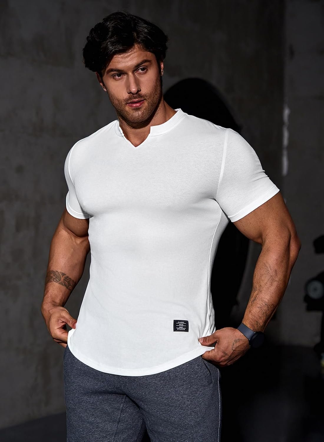 JMIERR Mens Muscle Slim T Shirt V-Neck Longline Henley Shirt Gym Workout Athletic Tee Shirts - Image 3