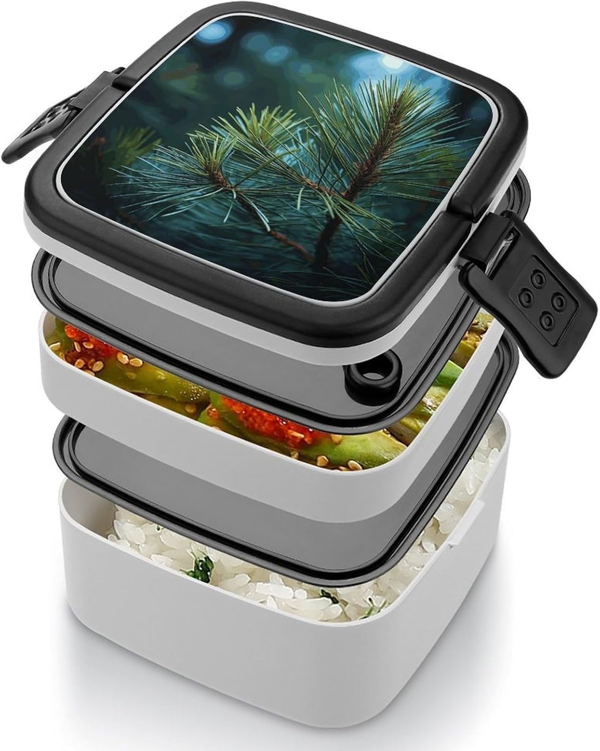 Pine Tree Green Needles Bento Box with Spoon, 2-layer Stackable Lunch Box Leak Proof with Invisible Handle, Insulated Food Storage for Office, Picnic & Travel - Image 5