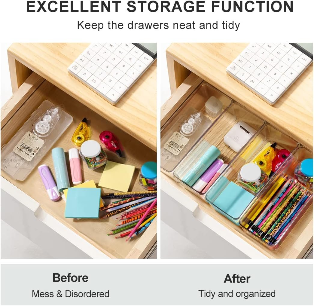 Hudgan 8 Pack Clear Plastic Drawer Organizer Bins Set, Stackable Cutlery Storage Bins Trays for Organizing Kitchen, Bathroom, Office, Crafts, Gadgets, Cabinet Supplies - Image 5