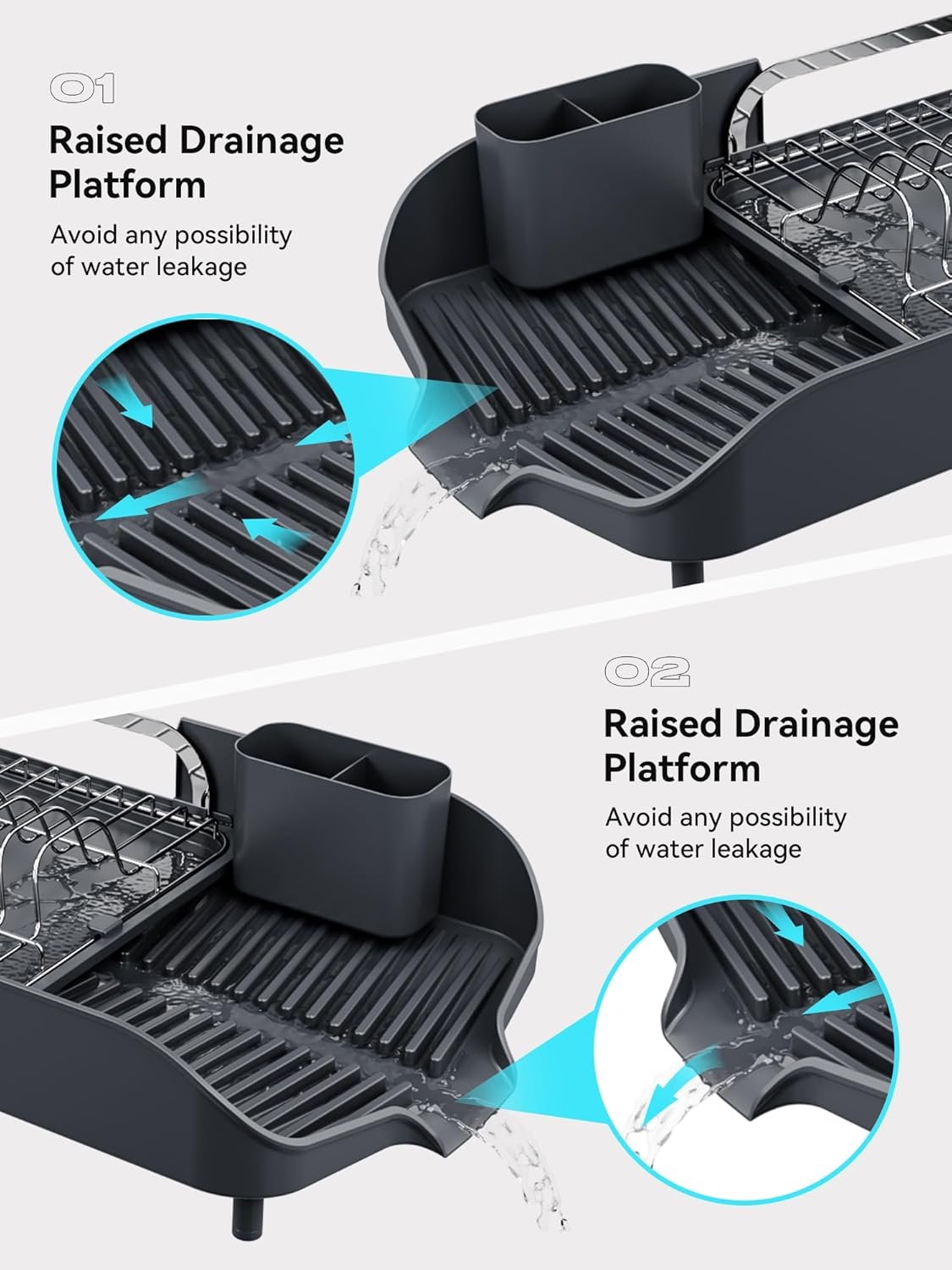 SUNLY Dish Drying Rack, Expandable Dish Racks for Kitchen Counter, Space Saving Kitchen Drying Rack with Sleek & Modern Design, Rust Proof Stainless Steel Dish Drainers with Utensil Holder, Deep Gray - Image 7