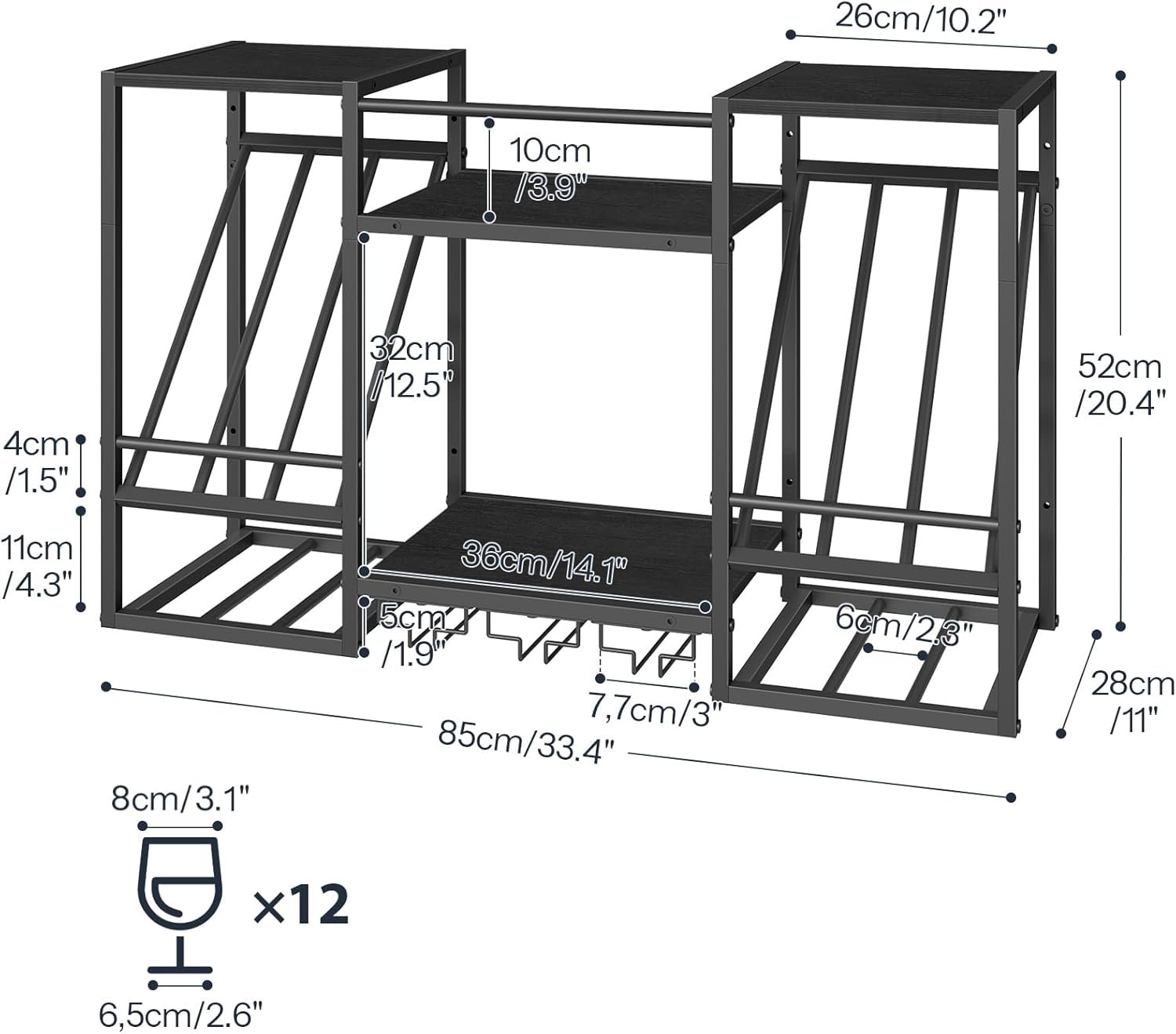 HOOBRO Wall Mounted Wine Rack, 3-Tier Floating Shelf with Glass and Bottle Holders Display Storage, for Dining Room, Kitchen, Living Room, Black BB23BJ01 - Image 3
