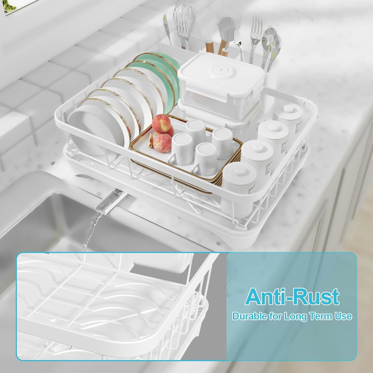 Dish Drying Rack - Space Saving Dish Rack with Drainboard,Single Layer with Utensil Holder - Large Capacity Countertop Organizer for Bowls, Cups, Dish Drainer White - Image 6