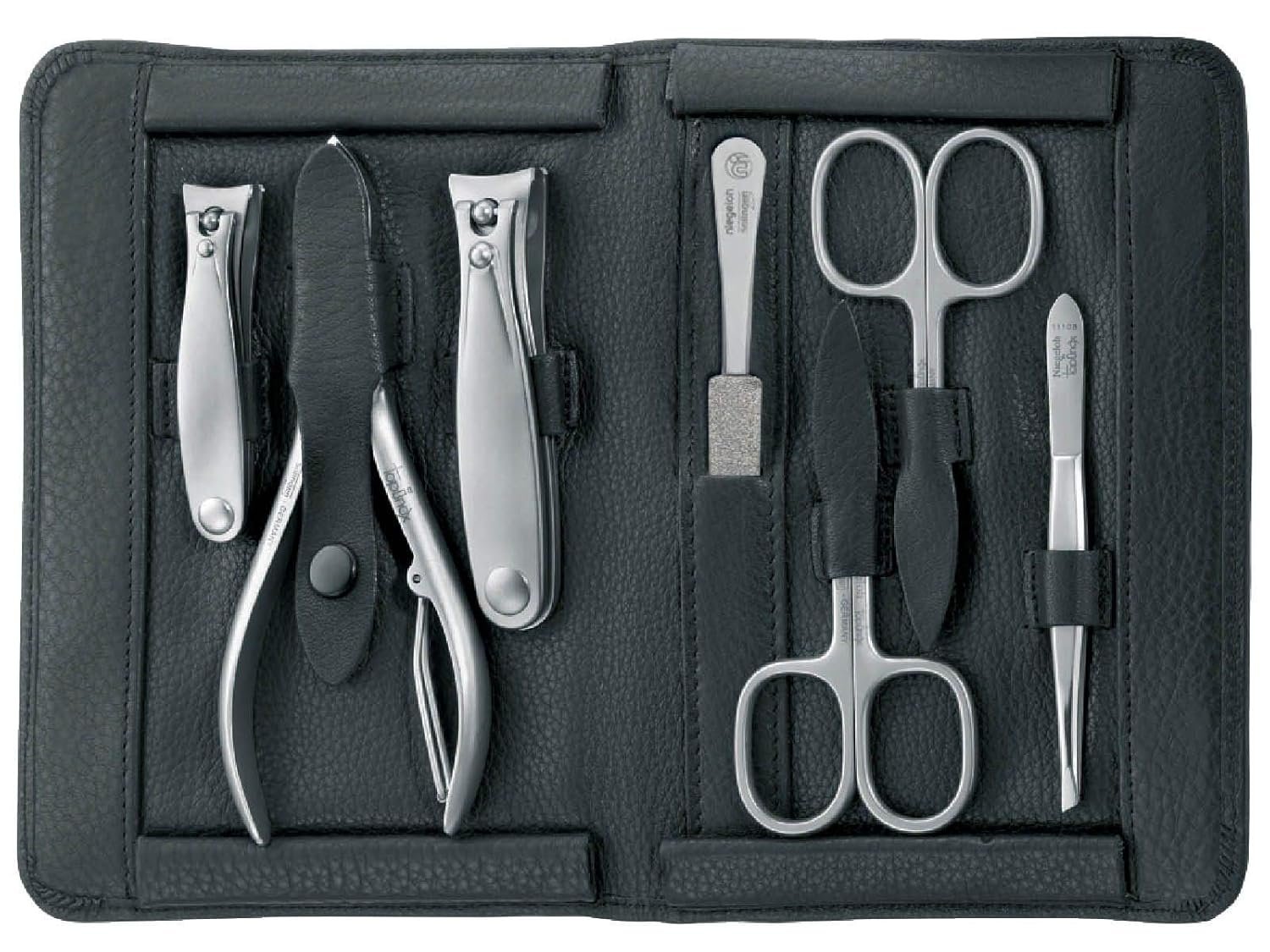 TopInox® "IMANTADO XL" Manicure Set for Men in Black Leather Case by Niegeloh, Germany - Image 2