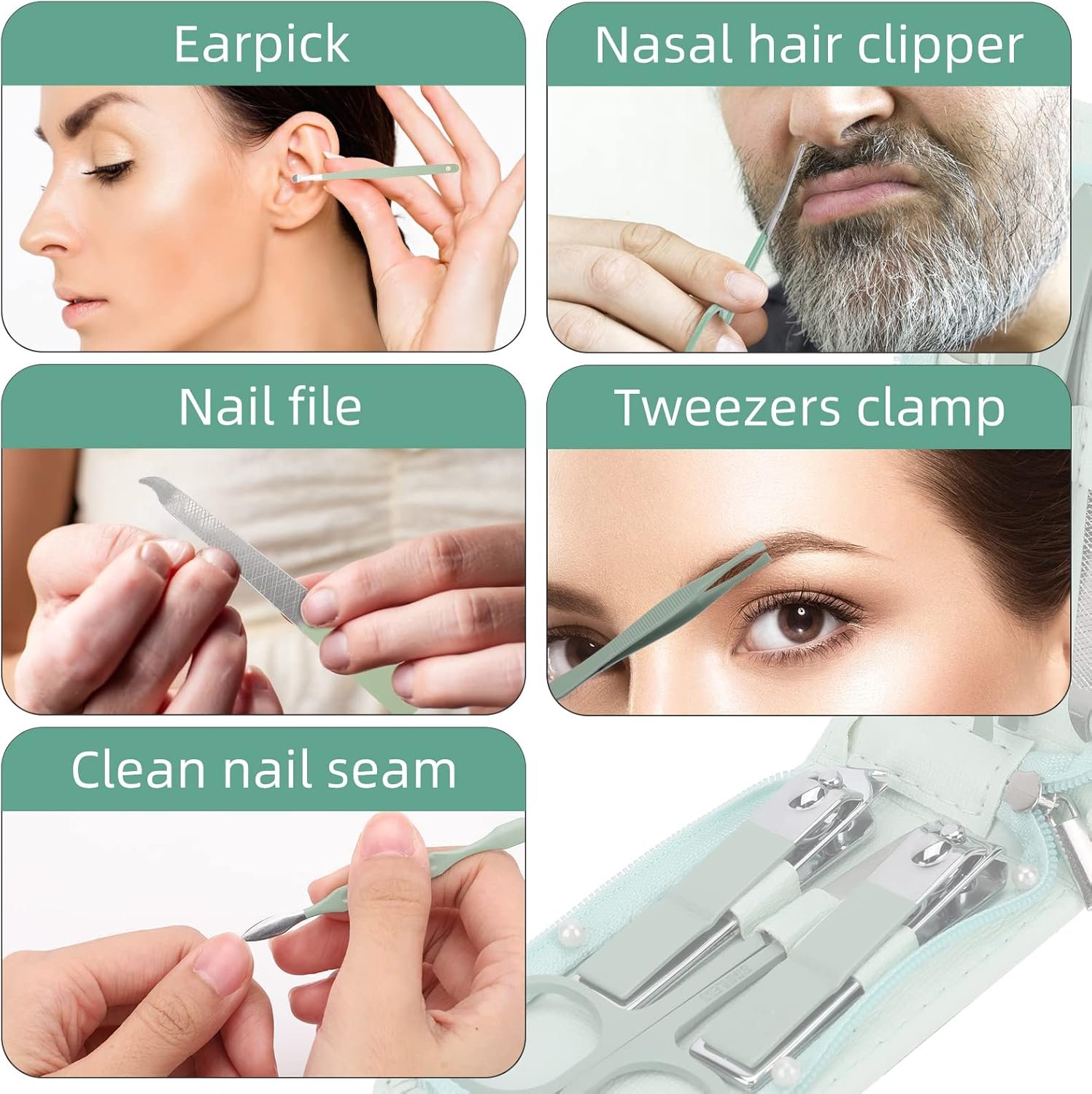 12-Piece Nail Care Kit, Mint Green Leather Travel Case,Manicure Set Personal Care, Nail Clipper Kit,Nail Tools with Luxurious Travel Case, Gifts for Men Women Family Friend - Image 5
