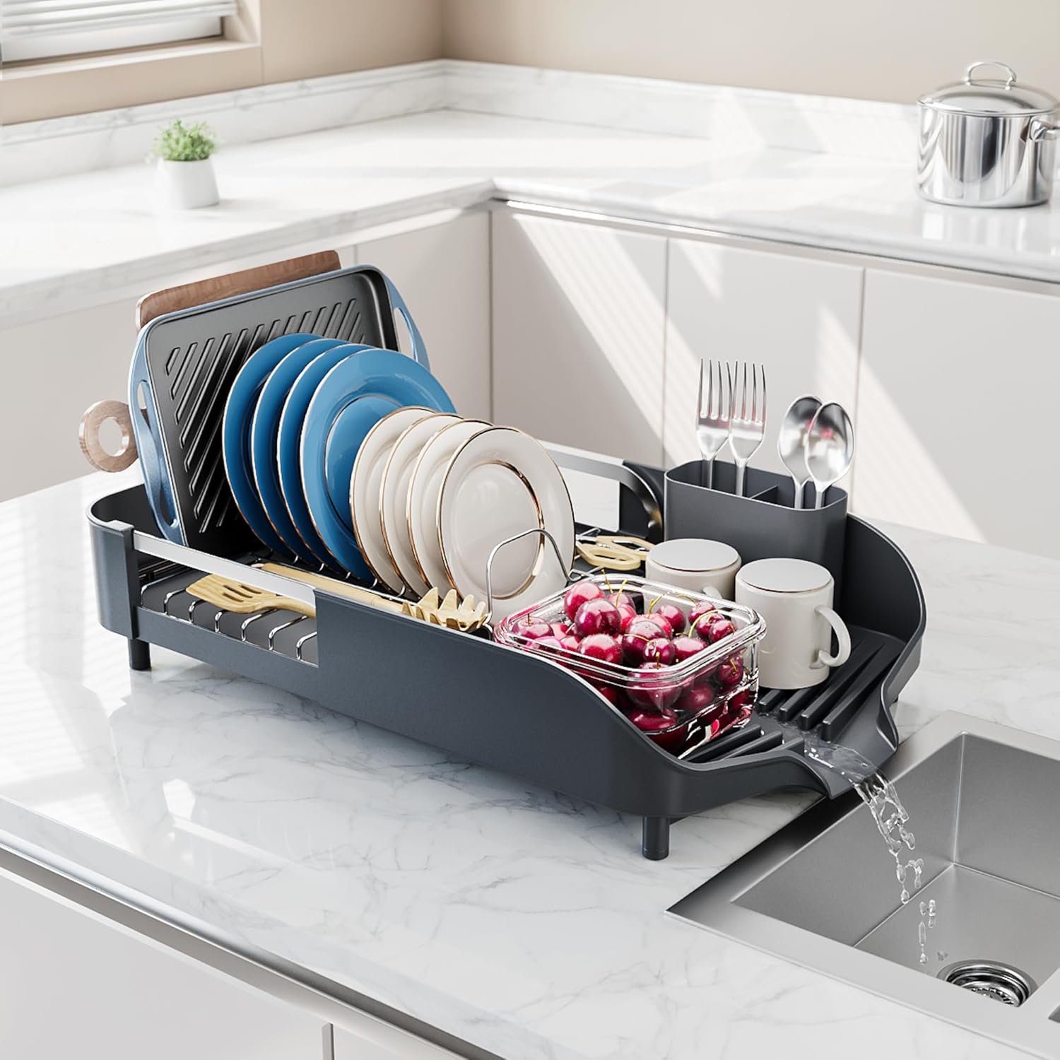 SUNLY Dish Drying Rack, Expandable Dish Racks for Kitchen Counter, Space Saving Kitchen Drying Rack with Sleek & Modern Design, Rust Proof Stainless Steel Dish Drainers with Utensil Holder, Deep Gray - Image 2