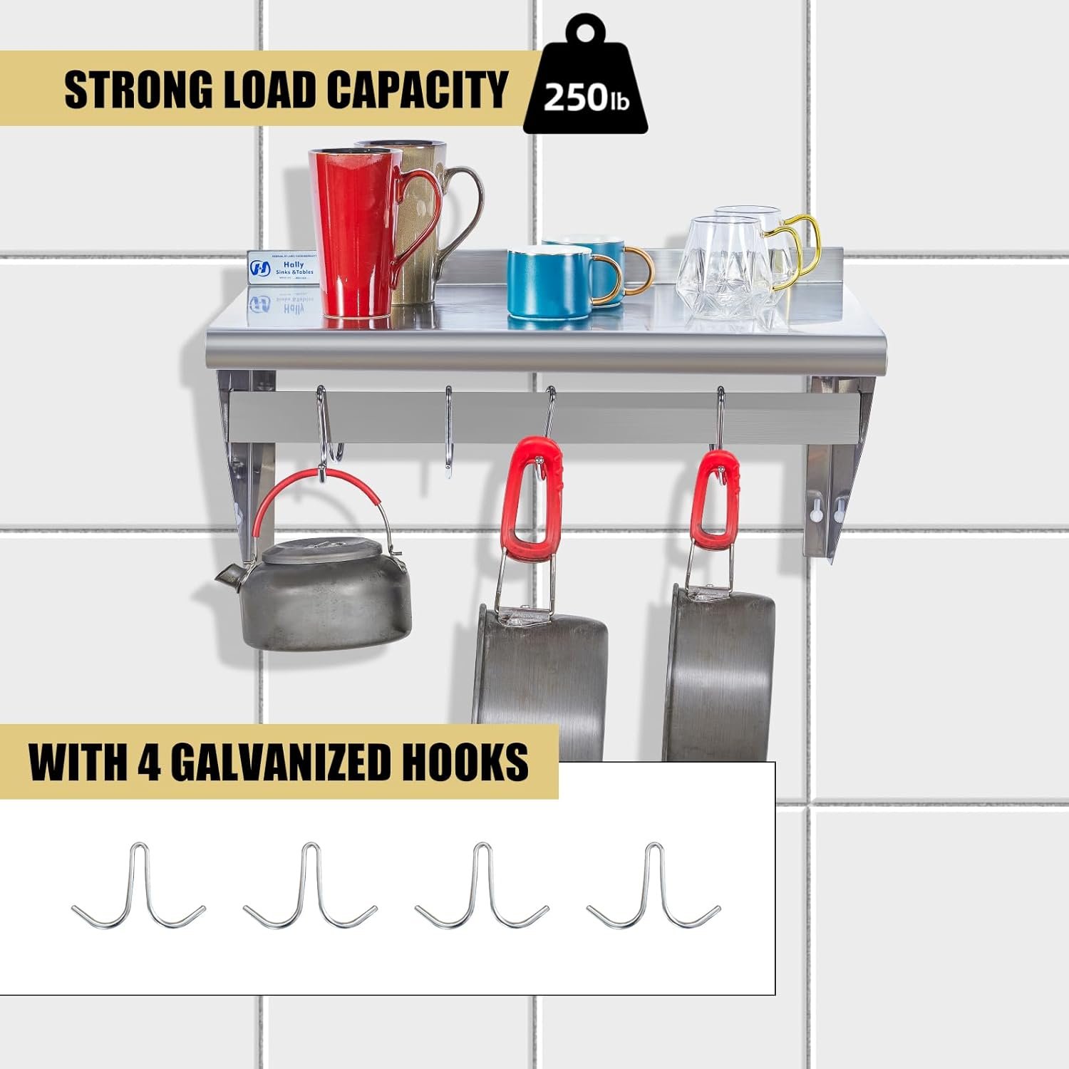HALLY Stainless Steel Shelf with 4 Hooks 14" x 24" Wall Mounted Pot Rack 250lb, NSF Commercial Floating Shelving for Storage Hanging Pots, Pans, cookware in Restaurant, Kitchen, Home and Hotel - Image 5