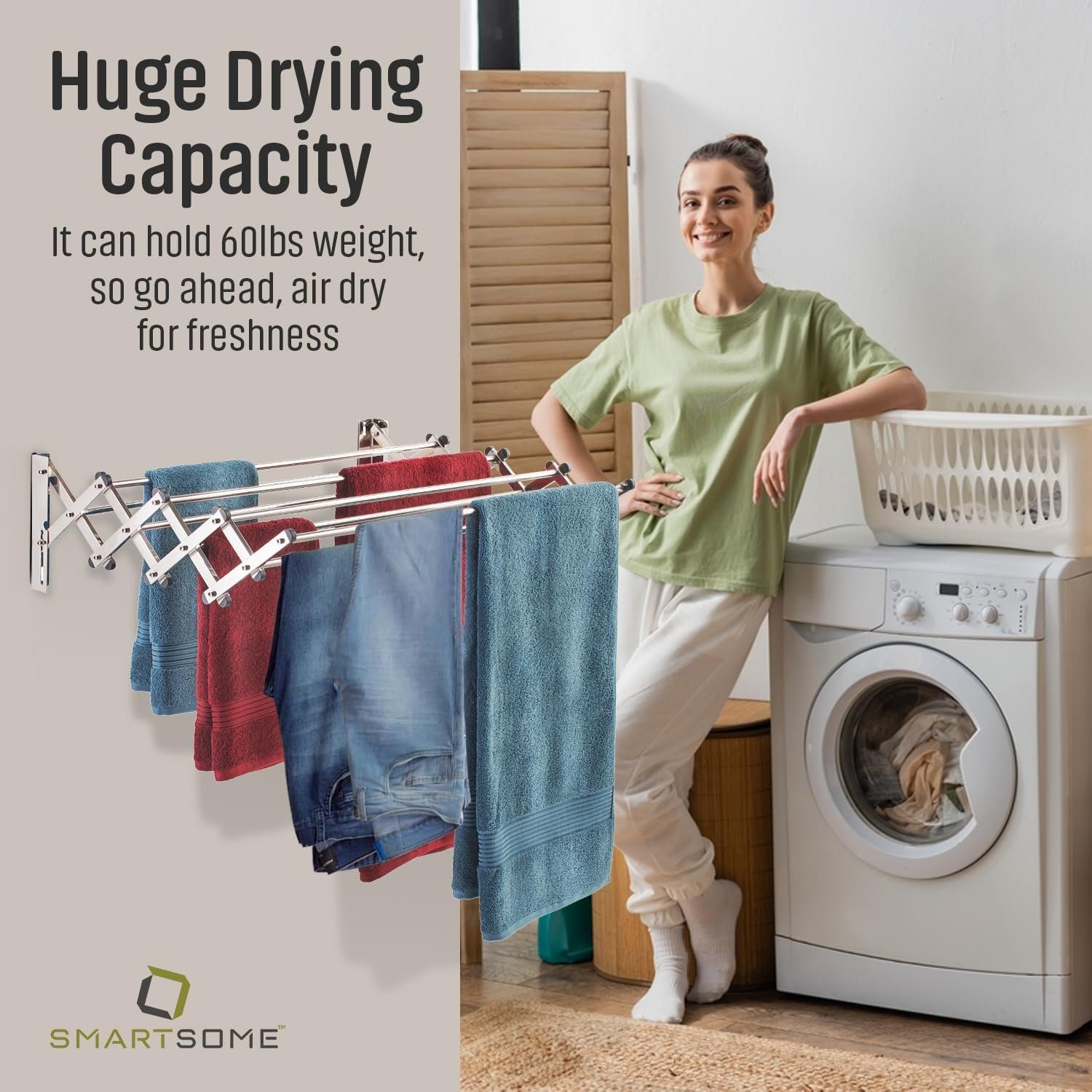 Smartsome | Wall Mounted | Clothes Drying Rack | 34" Wide | 22.5 Linear Feet Capacity | 8 Smooth Round Stainless Steel Rods | 60 lb Capacity | Fully Assembled | Compact Sturdy Space-Saving Design - Image 7