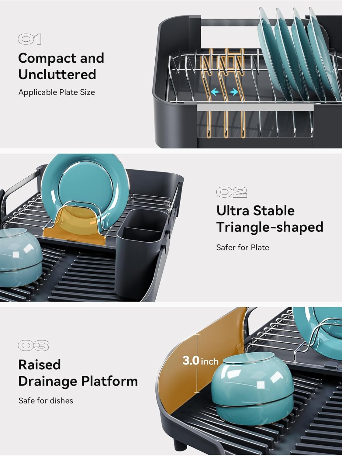 SUNLY Dish Drying Rack, Expandable Dish Racks for Kitchen Counter, Space Saving Kitchen Drying Rack with Sleek & Modern Design, Rust Proof Stainless Steel Dish Drainers with Utensil Holder, Deep Gray - Image 6