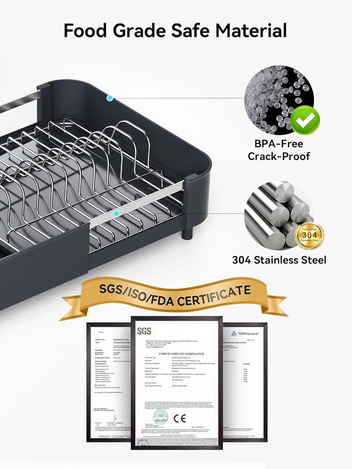 SUNLY Dish Drying Rack, Expandable Dish Racks for Kitchen Counter, Space Saving Kitchen Drying Rack with Sleek & Modern Design, Rust Proof Stainless Steel Dish Drainers with Utensil Holder, Deep Gray - Image 5