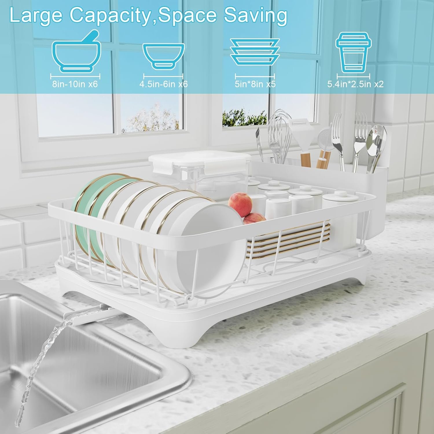 Dish Drying Rack - Space Saving Dish Rack with Drainboard,Single Layer with Utensil Holder - Large Capacity Countertop Organizer for Bowls, Cups, Dish Drainer White - Image 8
