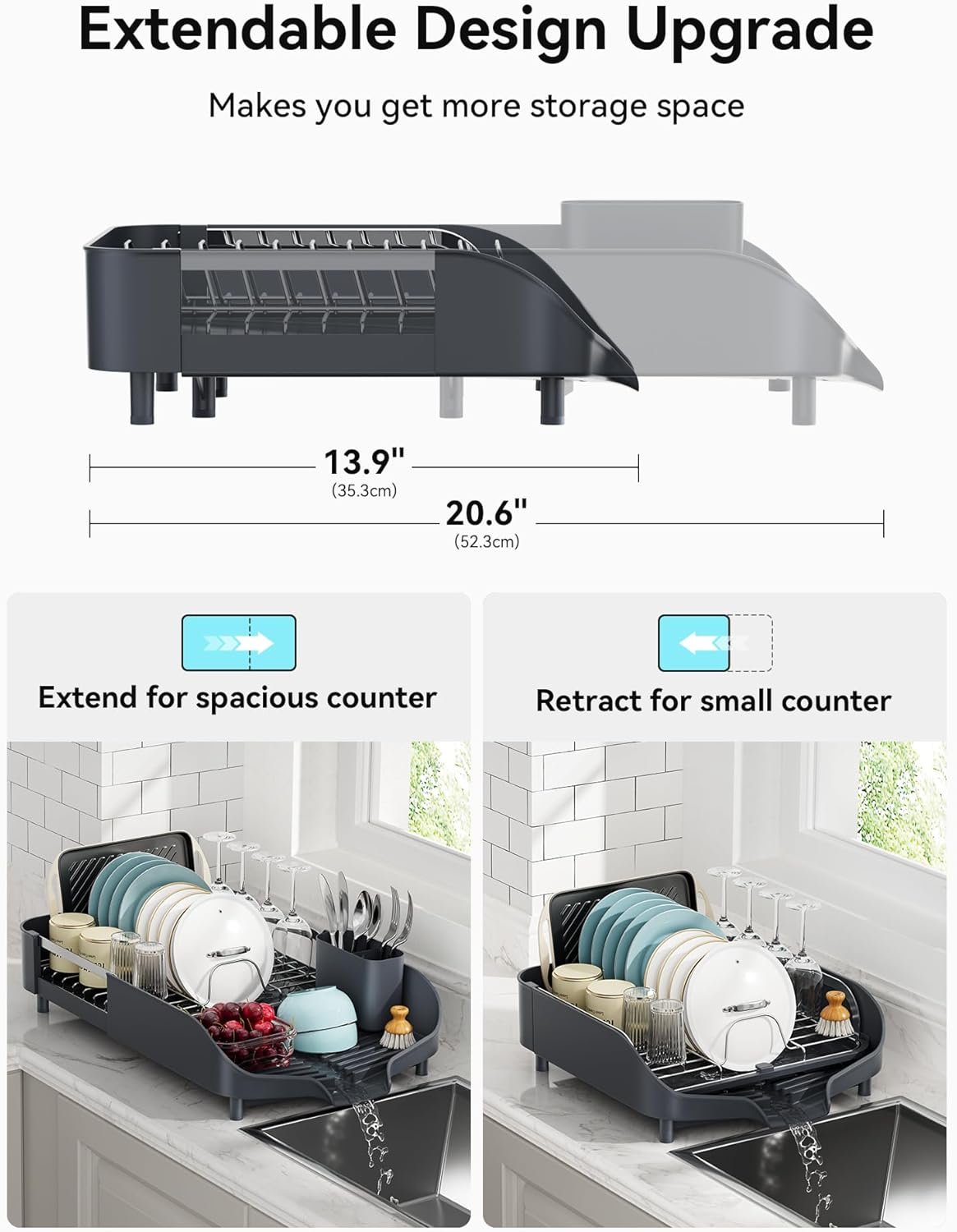 SUNLY Dish Drying Rack, Expandable Dish Racks for Kitchen Counter, Space Saving Kitchen Drying Rack with Sleek & Modern Design, Rust Proof Stainless Steel Dish Drainers with Utensil Holder, Deep Gray - Image 3