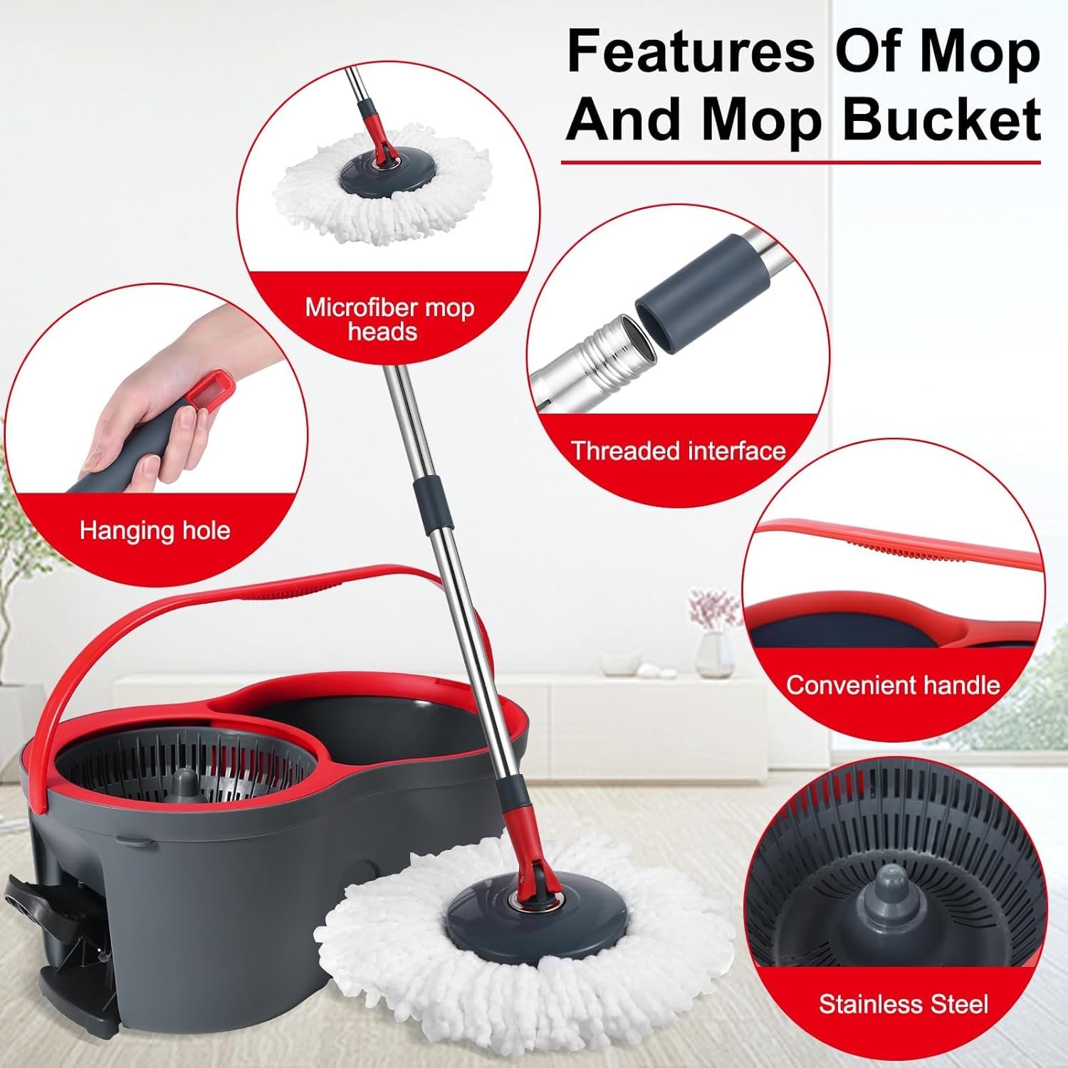 360° Spin Mop and Bucket Set Quick-Dry Technology,Mop and Bucket with Wringer Set for Home & Kitchen,Wet/Dry Floor Cleaning Kit with 4 Microfiber Mop Heads & Adjustable Handle - Image 6