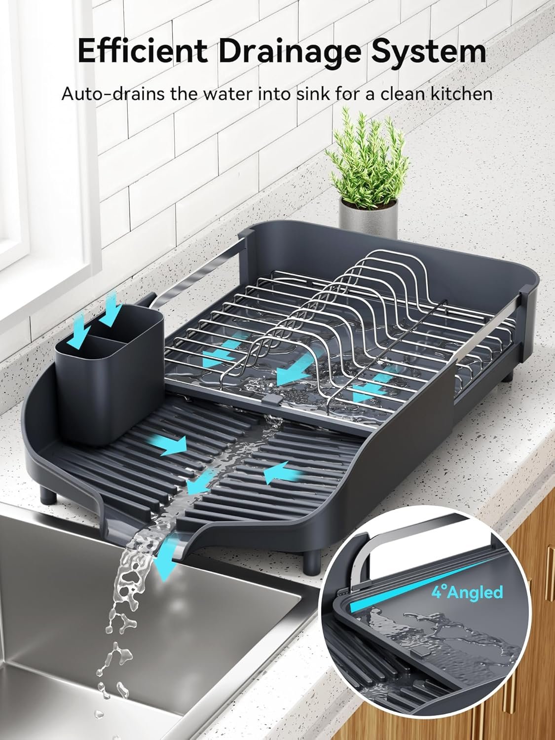 SUNLY Dish Drying Rack, Expandable Dish Racks for Kitchen Counter, Space Saving Kitchen Drying Rack with Sleek & Modern Design, Rust Proof Stainless Steel Dish Drainers with Utensil Holder, Deep Gray - Image 4