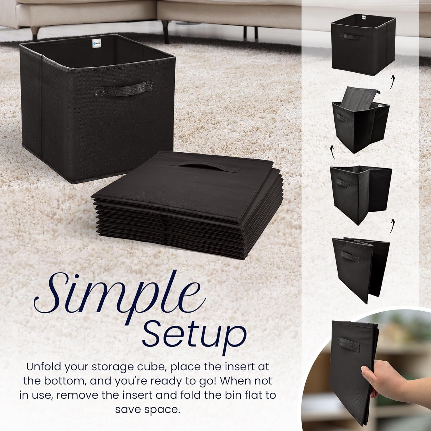 Reli. 11 Inch Cube Storage Bins (8 Pack) | Cube Organizer Bins | 11x11 Fabric Storage Boxes | Collapsible, Foldable Fabric Cubby Box (Square) | Kids Room Organization (Black) - Image 5