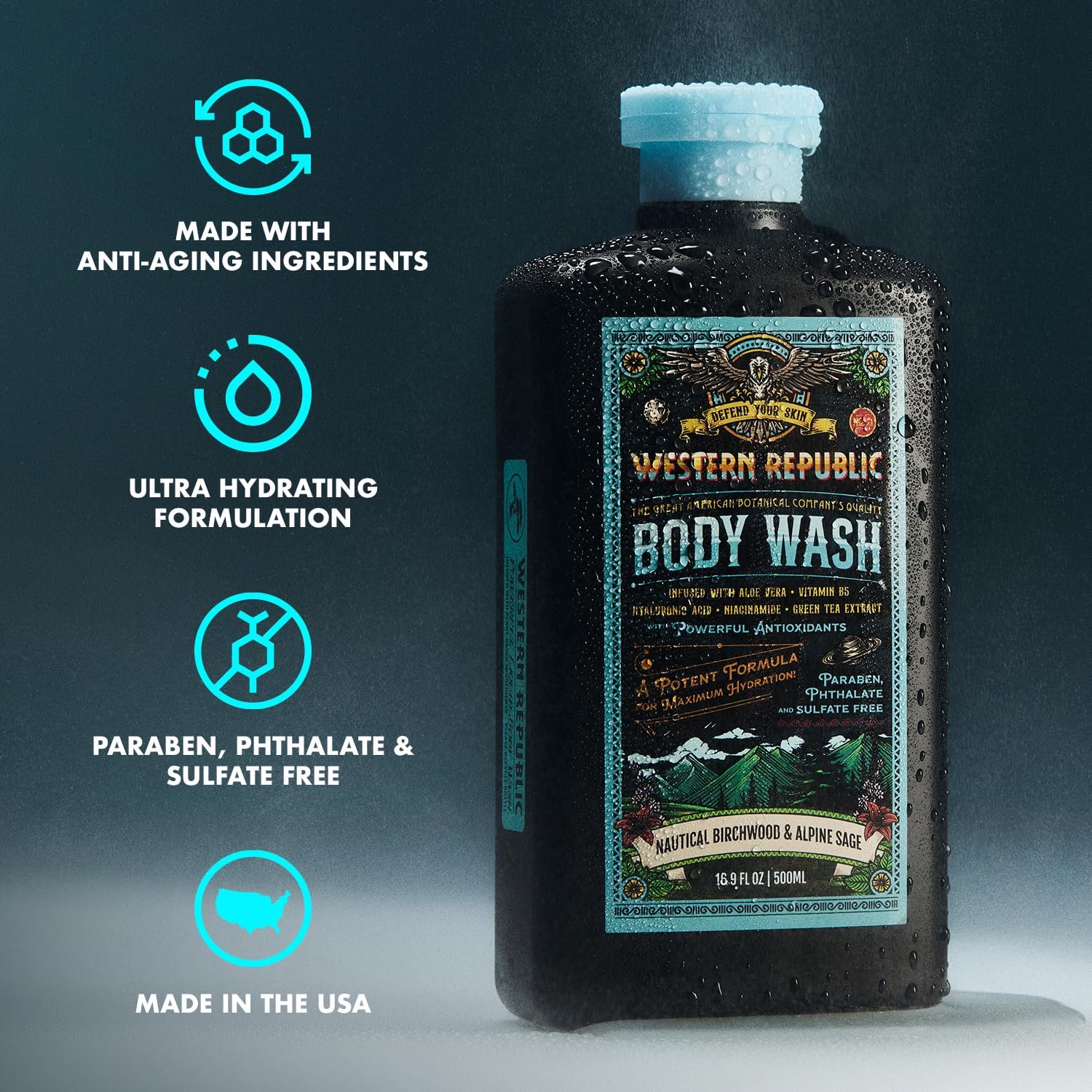 Men's Body Wash | Nautical Birchwood & Alpine Sage Scent and | Hydrating & Anti-Aging Formula with Aloe, Niacinamide & Hyaluronic Acid (2 Pack) | Made in USA - Image 3