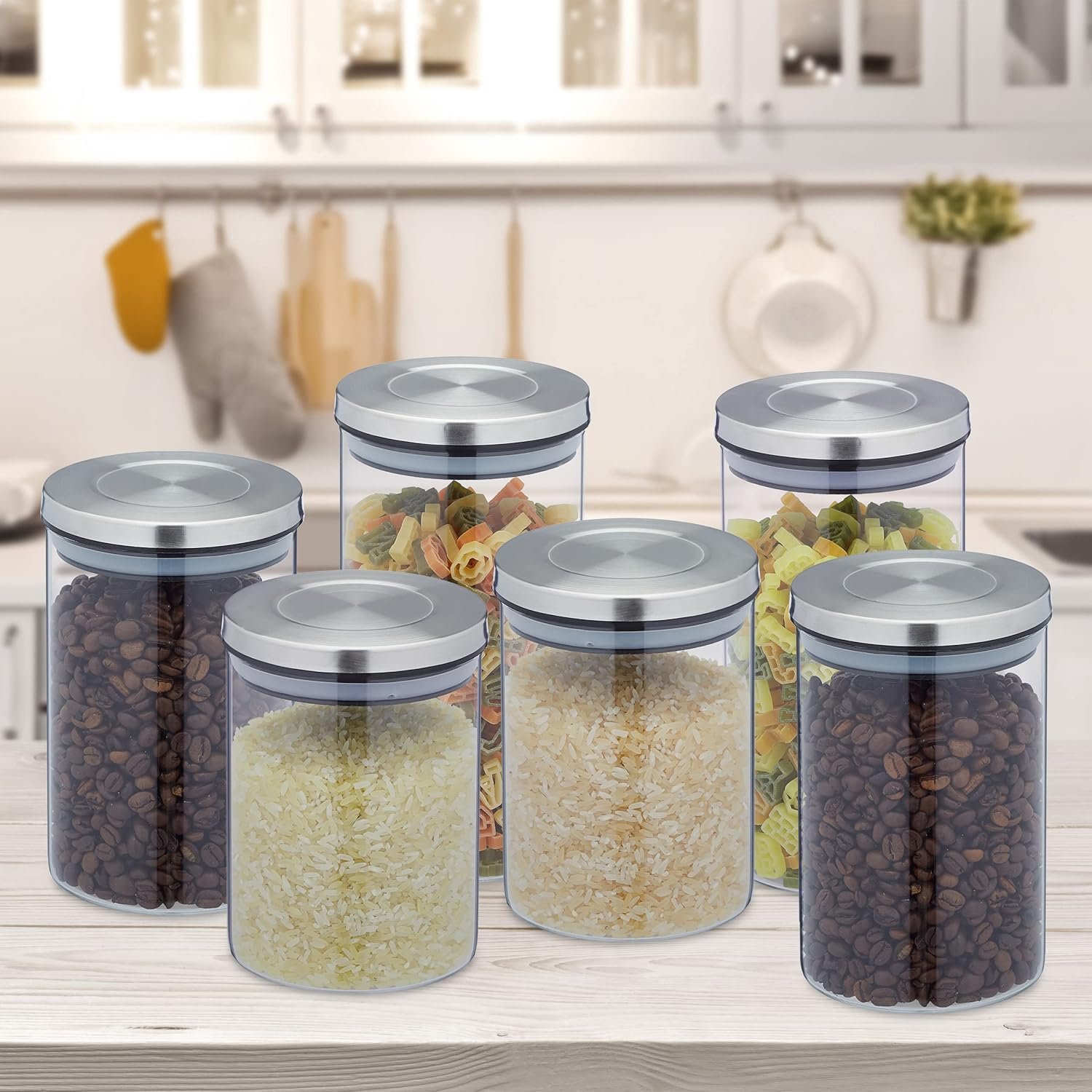 Storage Jars in Set of 6, in 3 Sizes, Stainless Steel Airtight Lids, Store Dry Food, Glass, Transparent/Silver, 18 x 10 cm - Image 3