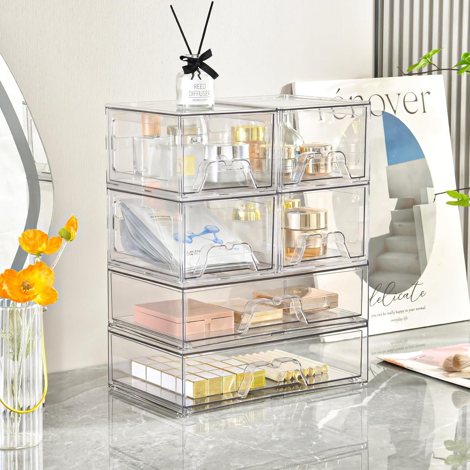 4 Pack Stackable Storage Drawers Clear Acrylic Organizer Bathroom Makeup Organizer and Storage for Beauty Supplies,Ideal for Vanity, Bathroom,Cabinet,Pantry Organization - Image 5