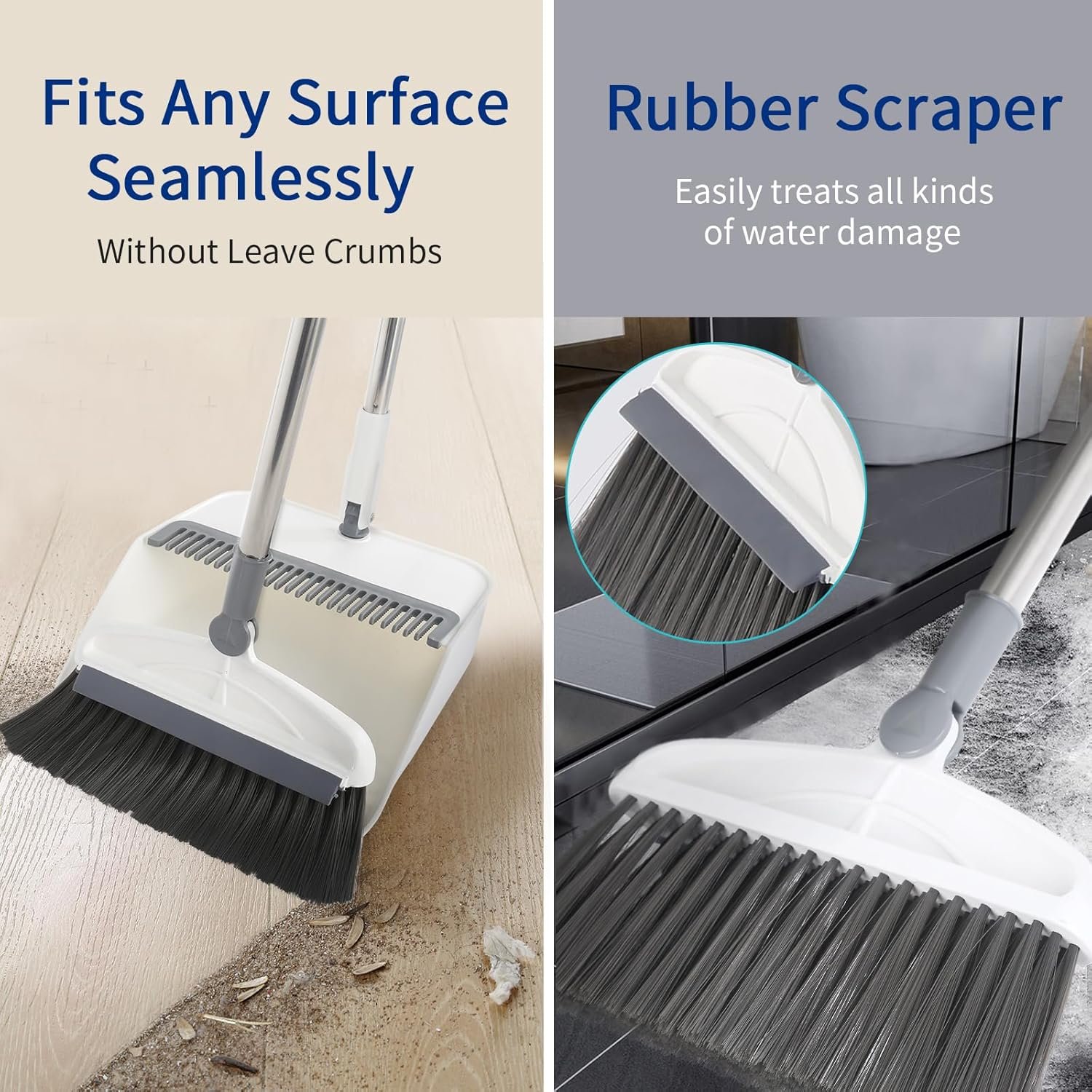 Broom with Dustpan Combo Set, 2 in 1 Broom and Dustpan Set with Long Handle, Upright 180° Rotating Broom with Brush and Lightwight Dust Pans for Home Kitchen Room Office Lobby Floor Cleaning,White - Image 4