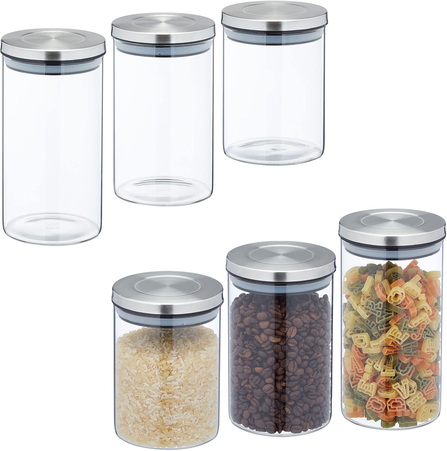 Storage Jars in Set of 6, in 3 Sizes, Stainless Steel Airtight Lids, Store Dry Food, Glass, Transparent/Silver, 18 x 10 cm - Image 2