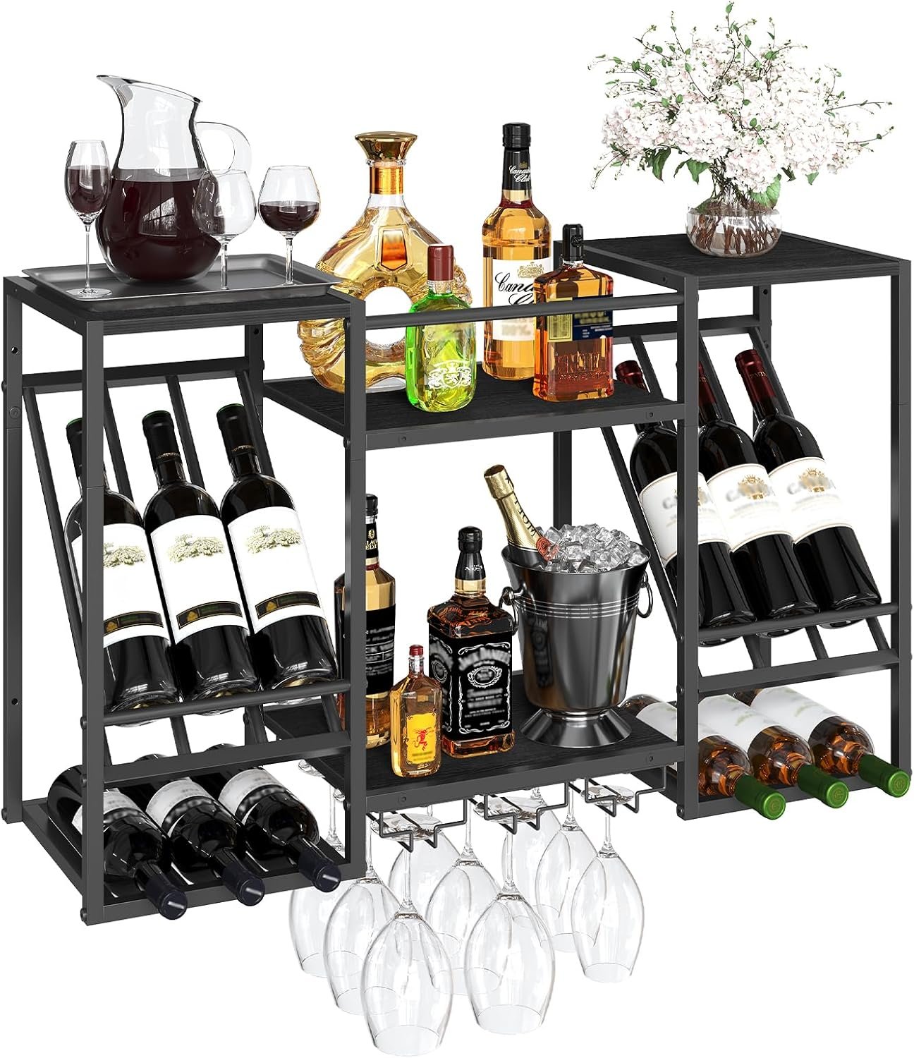 HOOBRO Wall Mounted Wine Rack, 3-Tier Floating Shelf with Glass and Bottle Holders Display Storage, for Dining Room, Kitchen, Living Room, Black BB23BJ01 - Image 2