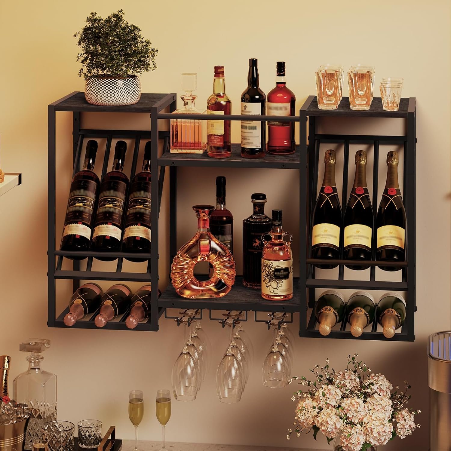 HOOBRO Wall Mounted Wine Rack, 3-Tier Floating Shelf with Glass and Bottle Holders Display Storage, for Dining Room, Kitchen, Living Room, Black BB23BJ01 - Image 6