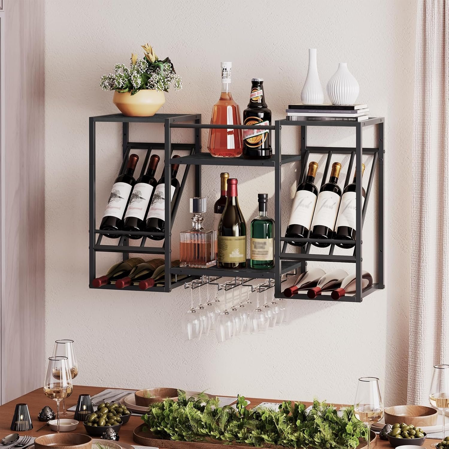 HOOBRO Wall Mounted Wine Rack, 3-Tier Floating Shelf with Glass and Bottle Holders Display Storage, for Dining Room, Kitchen, Living Room, Black BB23BJ01 - Image 4